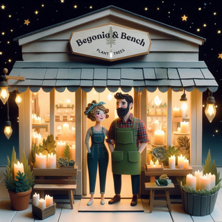 A charming illustration depicts a couple standing in front of Begonia & Bench, a well-lit, cozy shop filled with glowing candles and potted plants. The night sky above features twinkling stars, and the shop's sign proudly displays "Plant Trees." The duo appears content, wearing aprons and casual attire.