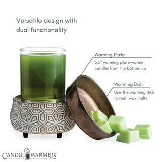 The image showcases the Classic 2-in-1 Candle Warmer, expertly crafted for jar candles with its dual functionality. It features a decorative warming plate that heats from the bottom and includes a dish designed for melting fragrance wax melts. The stylish design incorporates a geometric pattern, making it perfect for home decor. The branding reads "Candle Warmers Etc.