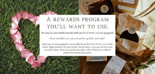 The image is split into two sections. The left side shows pink flower petals arranged in a heart shape on green grass. The right side displays a selection of beauty products with a rewards program card. The center text reads, "A rewards program you'll want to use," with additional details on earning points.