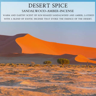 A wide desert panorama showcases majestic dunes bathed in golden and amber tones beneath a bright blue sky, interspersed with sparse shrubs in the foreground. Text overlay reads: "DESERT SPICE™" and highlights a finely crafted 12oz scented candle by Begonia & Bench®, blending the rich aromas of sandalwood, amber, and exotic incense.