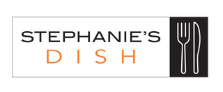Logo with "Stephanie's Dish" in a rectangular frame. "STEPHANIE'S" is in black, bold, uppercase letters above "DISH," which is in orange and the same font. Beside is a black square with white line drawings of a fork and knife. Background is white.