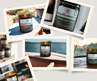 A collage of six images shows various scented candles in jars, each labeled with different names such as "Desert Spice," "Timberland Trail," "Ro+Teak," and "Paw." Each candle is uniquely styled and placed in cozy, picturesque outdoor settings like by the sea or in a rustic home.