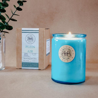A lit Plein Air™ 12oz Finely Crafted Scented Candle by Begonia & Bench®, featuring blue wax and encased in a glass container marked with the "Begonia & Bench®" logo, sits on a beige surface. To the left is a cardboard box labeled "Plein Air™," detailing the scented candle's aroma and brand. A glass jar with green leafy branches is partially visible behind the candle.