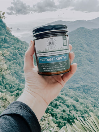 A hand holds the Verdant Grove™ - 9oz. Amber Jar Candle by Begonia & Bench®, with a lush green mountain landscape in the background. The jar features a white and green label with a tree logo and text that reads, "A tree is planted for every candle we make," along with additional product information.
