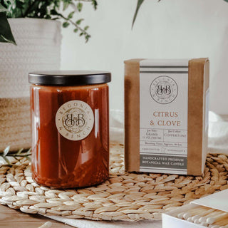 A fall candle in a brown glass jar with a black lid sits on a woven mat beside a box labeled "Begonia & Bench®" and "Citrus & Clove™ - 12oz Finely Crafted Scented Candle." The scene includes a white potted plant in the background and a matchbox in the foreground.