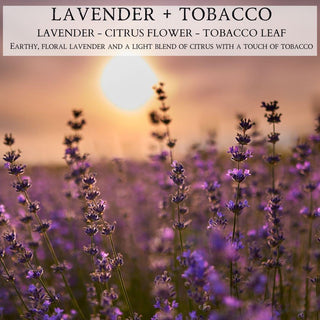 A field filled with purple lavender flowers dominates the foreground, bathed in the golden light of a setting sun that casts amber hues across the slightly blurred background. At the top, text reads "Lavender + Tobacco™ - Signature Aroma by Waybread" accompanied by a description of this fall candle blend featuring notes of soothing lavender, fresh citrus flower, and rich tobacco leaf.