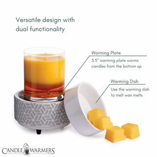 A Classic 2-in-1 Candle Warmer featuring a geometric patterned base supports a lit candle, and beside it, the warming dish holds vibrant yellow fragrance tarts. Labels identify the 3.5" warming plate and the wax melt dish. The text highlights its "Versatile design with dual functionality.