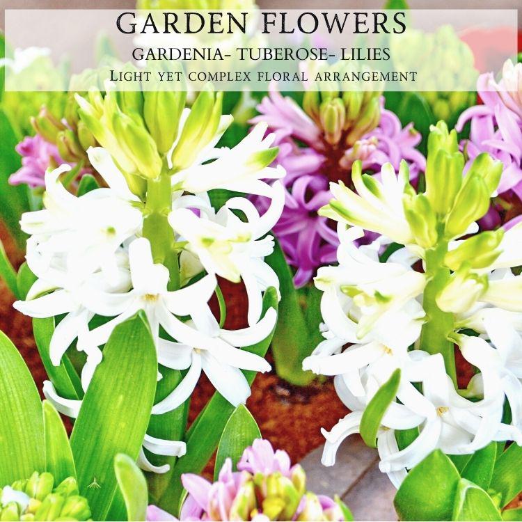 Close-up image of a floral arrangement featuring white gardenias, cream-colored tuberoses, and various shades of pink lilies. The flowers are surrounded by green leaves. 
