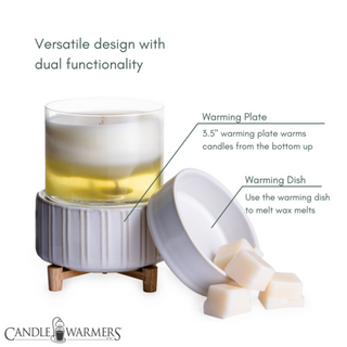 The Classic 2-in-1 Candle Warmer boasts a glass container with a warming plate for jar candles and an additional dish for fragrance wax melts. Its ribbed ceramic base with wooden feet enhances its style, while the text emphasizes its dual functionality. The logo is positioned at the bottom.