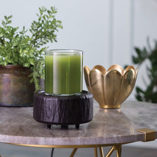 A Classic 2-in-1 Candle Warmer with a green jar candle in a glass holder sits atop a dark wooden base, positioned on a round marble table. In the background, there's a bronze vase filled with greenery and a petal-shaped decorative item in gold. The indoor setting exudes a cozy and elegant atmosphere.