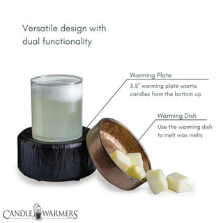 Illustration of the Classic 2-in-1 Candle Warmer, showcasing its ability to handle both fragrance wax melts and jar candles. It includes a 3.5" warming plate and comes with a bronze-colored warming dish that stands out against the black base. Multiple wax cubes are positioned nearby. The accompanying text states: "Versatile design with dual functionality.
