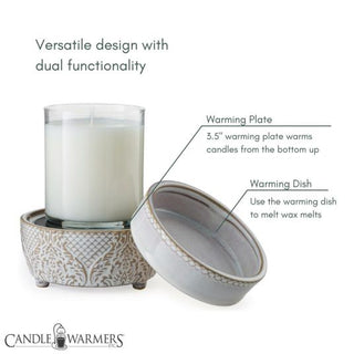 Image of the Classic 2-in-1 Candle Warmer featuring a decorative base. It includes a warming plate for jar candles and a dish for wax melts. The text reads, "Versatile design with dual functionality." The Candle Warmers logo is displayed in the bottom left corner.