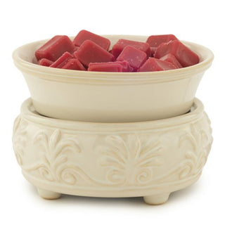 Classic 2-in-1 Candle Warmer with an ornate base featuring floral patterns, holding a bowl filled with red fragrance wax melts.