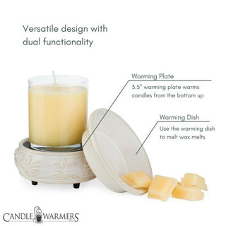 A Classic 2-in-1 Candle Warmer with a cream-colored warming plate and patterned base holds a lit jar candle, while a separate dish exhibits scented wax melts. The text "Versatile design with dual functionality" emphasizes the warming plate and dish by Candle Warmers Etc.