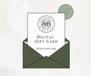 The design of the e-gift card envelope features a white card snugly placed inside a dark green envelope. Embellished with the "Begonia & Bench" logo, it displays the words "Gift Card- Give the Gift of Choice" and highlights that it's for "Website Orders Only." In circular text at the top right, it declares itself as an ideal solution for any occasion.