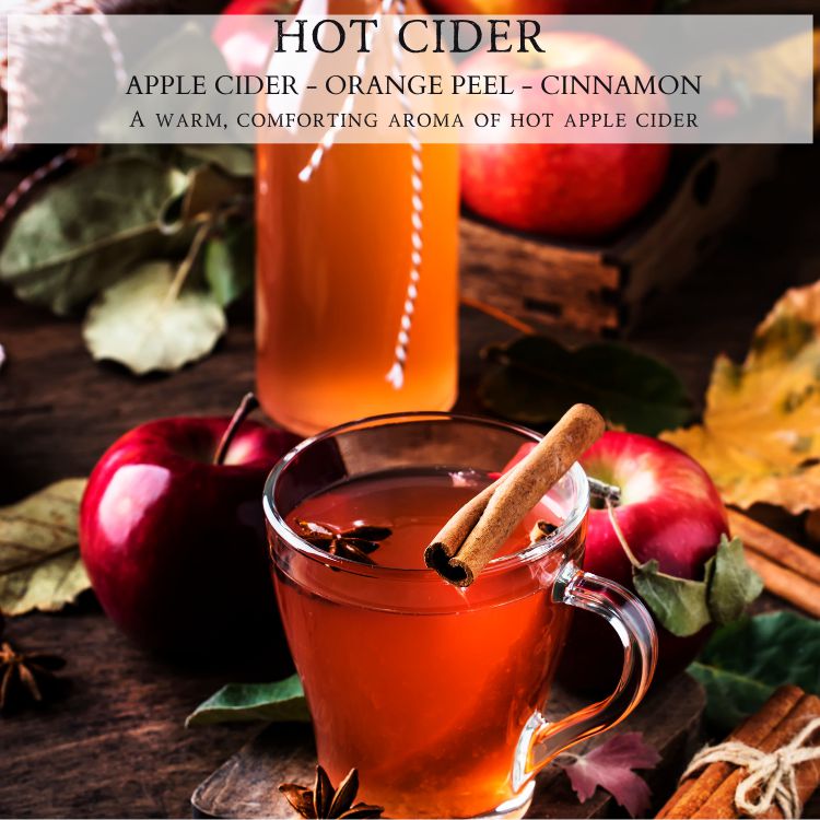 A glass mug filled with hot apple cider, garnished with a cinnamon stick and star anise, sits on a wooden table surrounded by colorful autumn leaves and whole apples. Behind the mug, there's a tall glass bottle filled with more cider. The scene evokes the cozy aroma of Begonia & Bench®'s Hot Cider™ 9oz. Amber Jar Candle. The text reads "Hot Cider: Apple Cider - Orange Peel - Cinnamon.