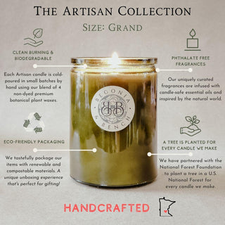 A Tobacco & Cedar™ 12oz finely crafted scented candle by Begonia & Bench® is lit. Highlighted text emphasizes that it’s handcrafted, clean-burning, biodegradable, uses phthalate-free fragrances, comes in eco-friendly packaging, and has a tree planted for each candle sold. The jar rests on a light grey surface.