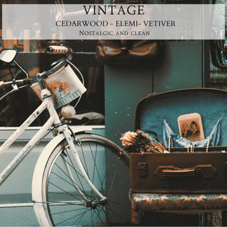 A vintage-themed scene featuring a white bicycle with a basket of dried flowers parked beside a suitcase with old photographs. The words "VINTAGE™ - Cedarwood - Elemi - Vetiver - Nostalgic and clean" are displayed above, evoking the timeless charm of the 12oz Finely Crafted Scented Candle by Begonia & Bench®.