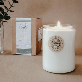 A lit white candle in a clear glass jar bearing the label "Begonia & Bench" fills the room with its soothing aroma, sitting prominently in the foreground. In the background, a brown cardboard box showcases "Lemon Verbena - 12oz Finely Crafted Scented Candle By Begonia & Bench®" along with detailed text. To the left, green foliage emerges from a glass vase, all set on a neutral-colored surface.