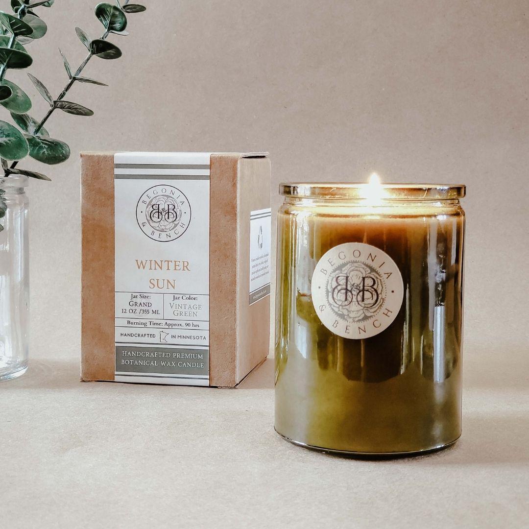 A lit fall candle in an olive green glass jar labeled "Begonia & Bench®." The packaging next to it displays the product name "Winter Sun™ - 12oz Finely Crafted Scented Candle By Begonia & Bench®," detailing the scented candle's notes of Grand Fir, Oakmoss, Vintage Garden Rose, and more. A small leafy plant in a clear glass vase is in the background.