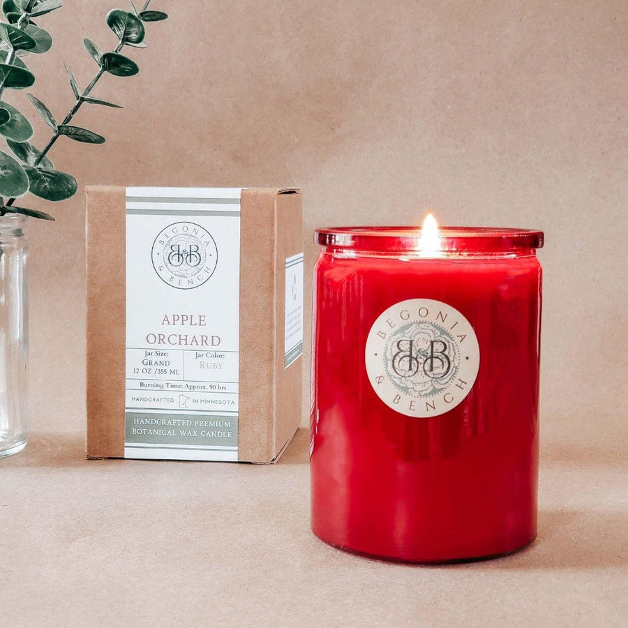 A lit red candle in a glass jar labeled "Apple Orchard - 12oz Finely Crafted Scented Candle By Begonia & Bench®" sits on a beige surface. The scented candle has an emblem and text reading "Begonia & Bench®." Behind the fall candle is a cardboard box with corresponding branding and a leafy plant in a glass vase. The background is plain and neutral-toned.