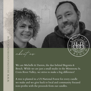 Infographic Photo of Michelle and Darren, the duo behind Begonia & Bench.  A tree is planted in a US National Forest for ever candle we make and we give back to local non-profits. 
